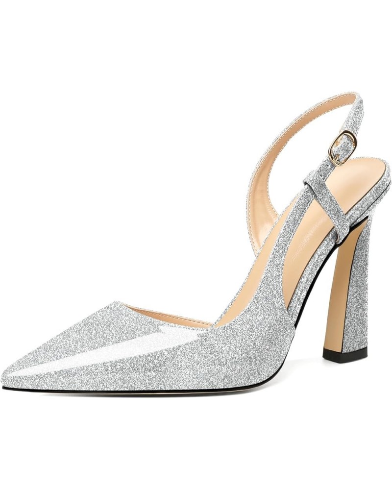 Women Slingback Pumps High Stiletto Heel 4 Inch Heeled Sandals Sexy Closed Pointed Toe Flare Heel Dress Shoes Patent Silver $...