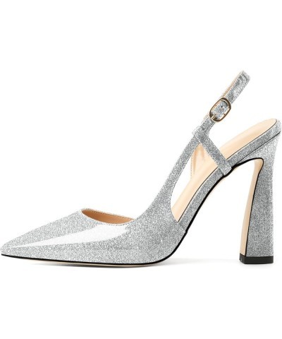 Women Slingback Pumps High Stiletto Heel 4 Inch Heeled Sandals Sexy Closed Pointed Toe Flare Heel Dress Shoes Patent Silver $...