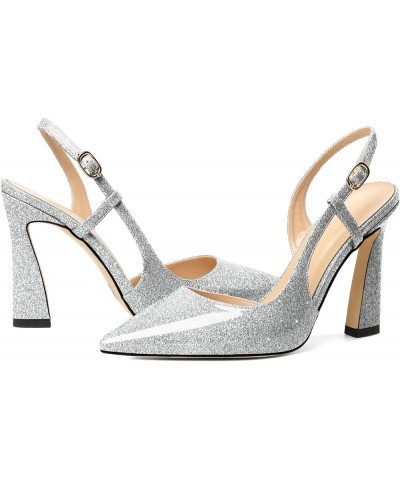 Women Slingback Pumps High Stiletto Heel 4 Inch Heeled Sandals Sexy Closed Pointed Toe Flare Heel Dress Shoes Patent Silver $...