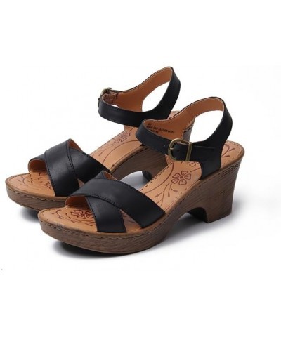 Handmade sandals, genuine leather clogs, high heels, genuine leather comfortable women's shoes Black $32.00 Sandals