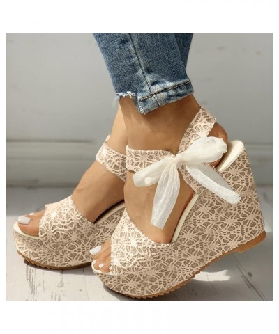 Clear Platform Heels Wedges Heels For Women Dressy Platform Shoes Women Gold Sandals For Women Heeled Sandals Casual S Beige-...