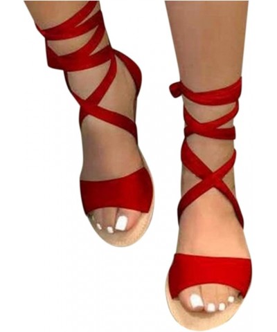 Tie Up Flat Sandals Criss Cross Legs Rope Strap Women's Flat Fashion Large Size Hollow Roman Sandals Women's Beach Sandals Wo...