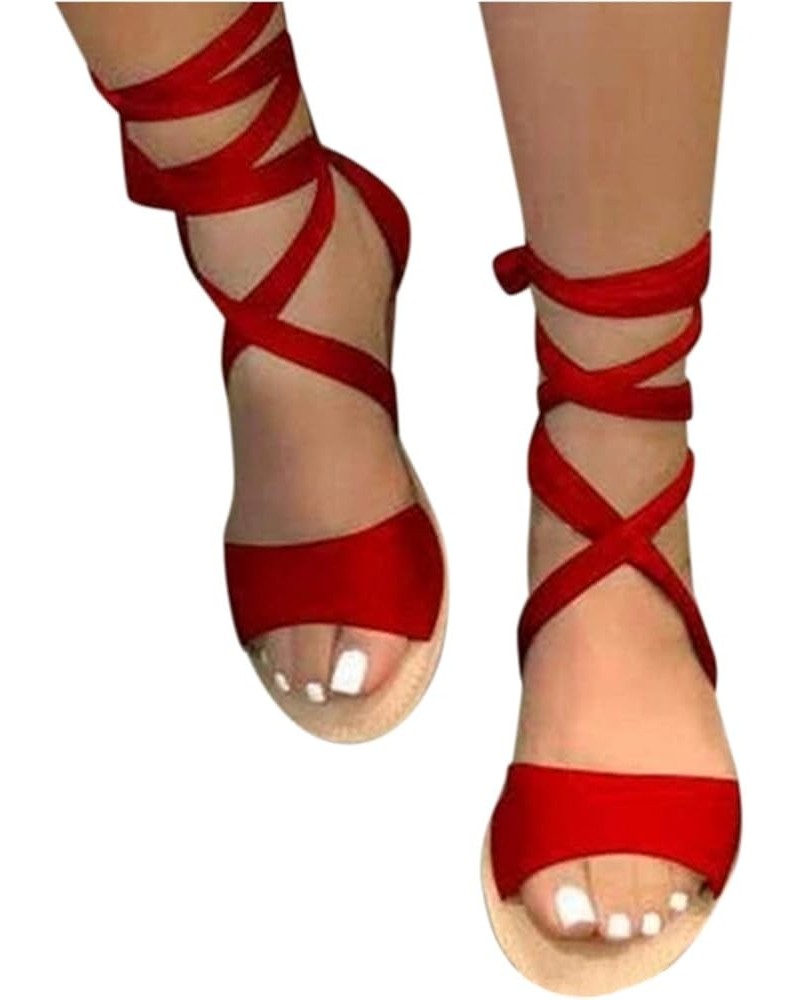 Tie Up Flat Sandals Criss Cross Legs Rope Strap Women's Flat Fashion Large Size Hollow Roman Sandals Women's Beach Sandals Wo...