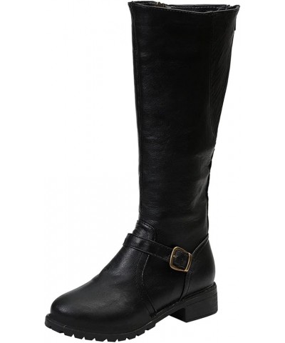 Women Leather Knee High Boots Lace Up Wide Boots Women Casual Comfortable Low Heeled Round Toe Knee High Riding Boots C4-blac...