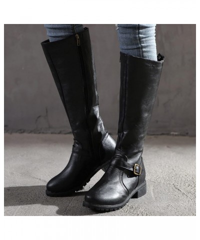 Women Leather Knee High Boots Lace Up Wide Boots Women Casual Comfortable Low Heeled Round Toe Knee High Riding Boots C4-blac...