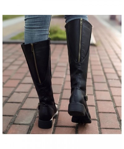 Women Leather Knee High Boots Lace Up Wide Boots Women Casual Comfortable Low Heeled Round Toe Knee High Riding Boots C4-blac...