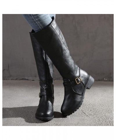 Women Leather Knee High Boots Lace Up Wide Boots Women Casual Comfortable Low Heeled Round Toe Knee High Riding Boots C4-blac...