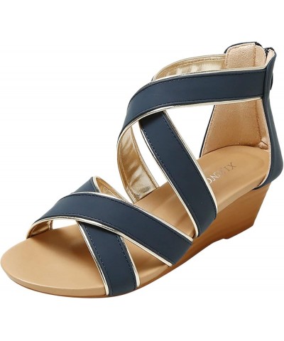 Womens Wedding Sandals Ladies Summer Fashion Hollowed Out Open Toe Breathable Wedge Heel Roman Womens Bikers Sandal Blue $21....