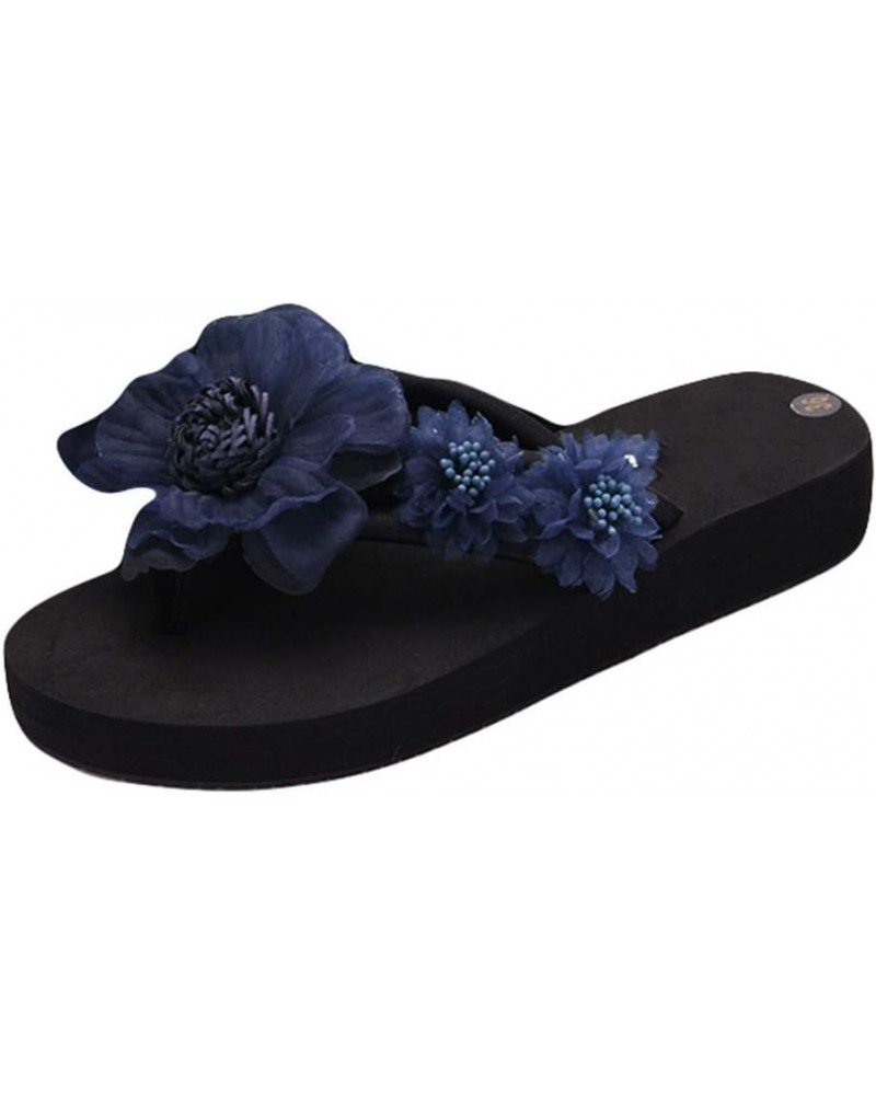 Flop Flower Toe Slipper Open Fashion Wedges Women Shoes Slip-on Flip Flops for Women Wide Width Comfortable (Navy, 5.5) 6 Nav...