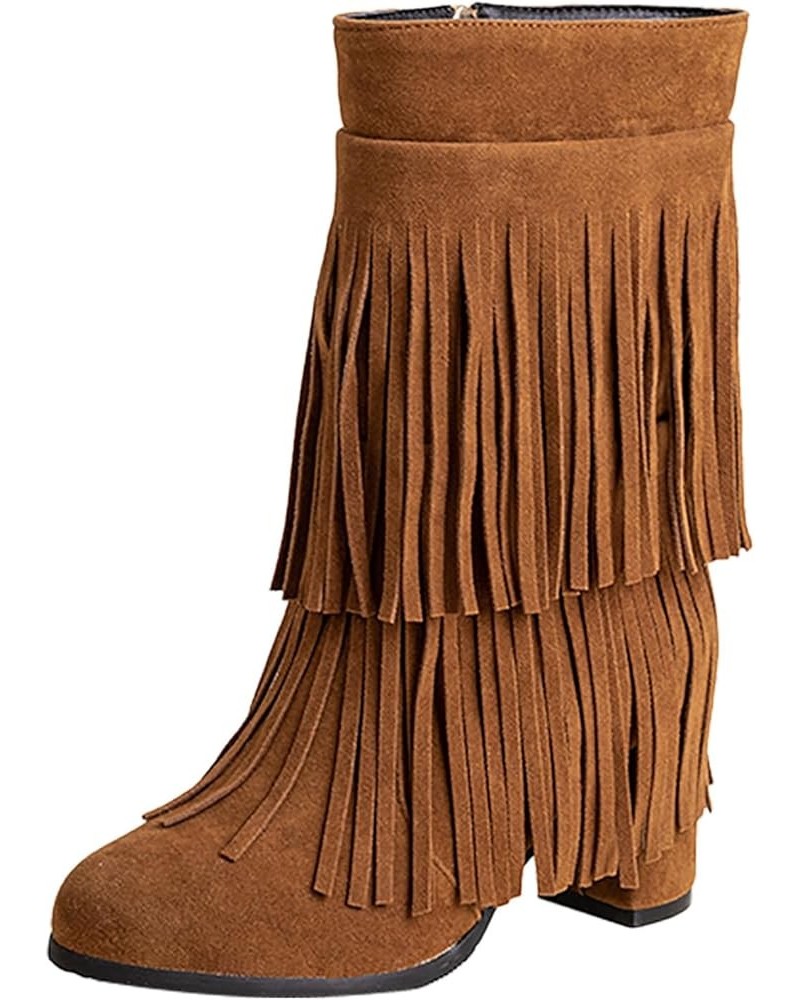 Autumn Women's Boots Round Head Metal Lock Booties Tassel Mid Calf Boots Thick High Heel Winter Women's Mid Calf Boots Midium...