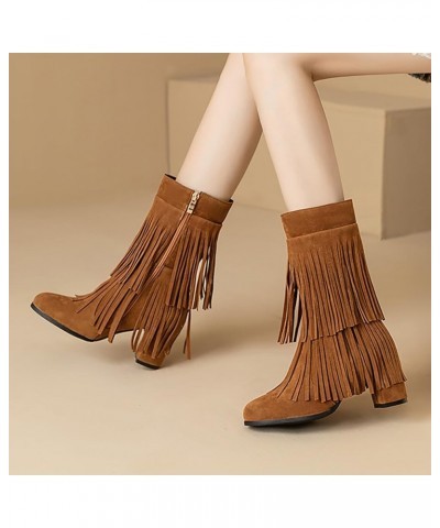 Autumn Women's Boots Round Head Metal Lock Booties Tassel Mid Calf Boots Thick High Heel Winter Women's Mid Calf Boots Midium...