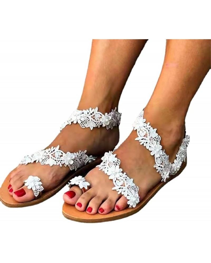 Bohemian Sandals for Women Flat Clip Toe Casual Lace Floral Beach Flip Flop Comfy Large Size Shoes Summer Elegant Toe Ring Ro...