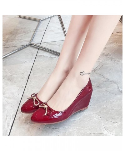 Women Pointed Toe Elegant Wedge Heel Bow Pumps Claret 6 $34.79 Pumps