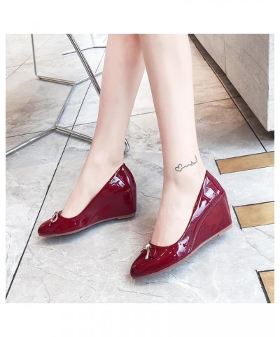 Women Pointed Toe Elegant Wedge Heel Bow Pumps Claret 6 $34.79 Pumps