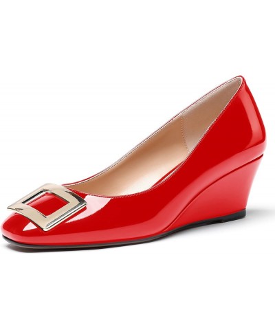 Women's Patent Gold Metal Buckle Square Toe Slip On Wedge Low Heel Pumps Evening Dress Shoes 2 Inch Red $34.78 Pumps