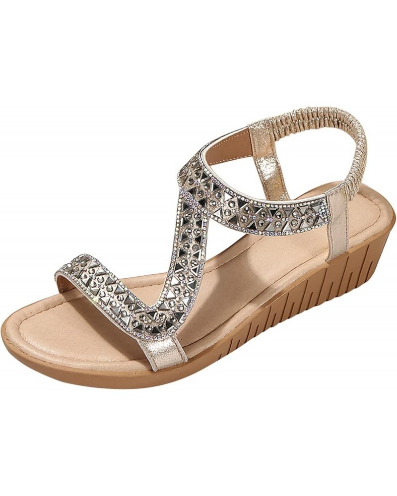 Ladies Ethnic Style Summer Rhinestone Decorative Slope Heel Thick Sole Fashion Sandals Women Sandals Wide Width 12 (Gold, 6.5...