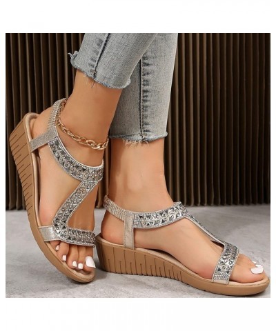 Ladies Ethnic Style Summer Rhinestone Decorative Slope Heel Thick Sole Fashion Sandals Women Sandals Wide Width 12 (Gold, 6.5...