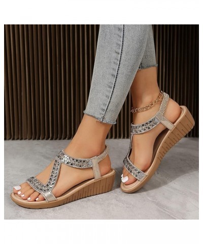 Ladies Ethnic Style Summer Rhinestone Decorative Slope Heel Thick Sole Fashion Sandals Women Sandals Wide Width 12 (Gold, 6.5...