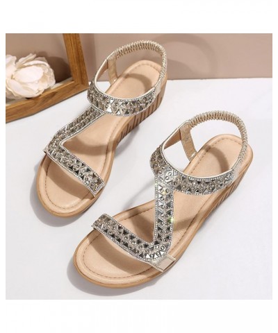 Ladies Ethnic Style Summer Rhinestone Decorative Slope Heel Thick Sole Fashion Sandals Women Sandals Wide Width 12 (Gold, 6.5...