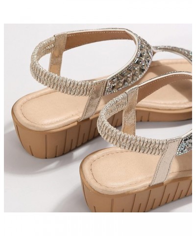 Ladies Ethnic Style Summer Rhinestone Decorative Slope Heel Thick Sole Fashion Sandals Women Sandals Wide Width 12 (Gold, 6.5...