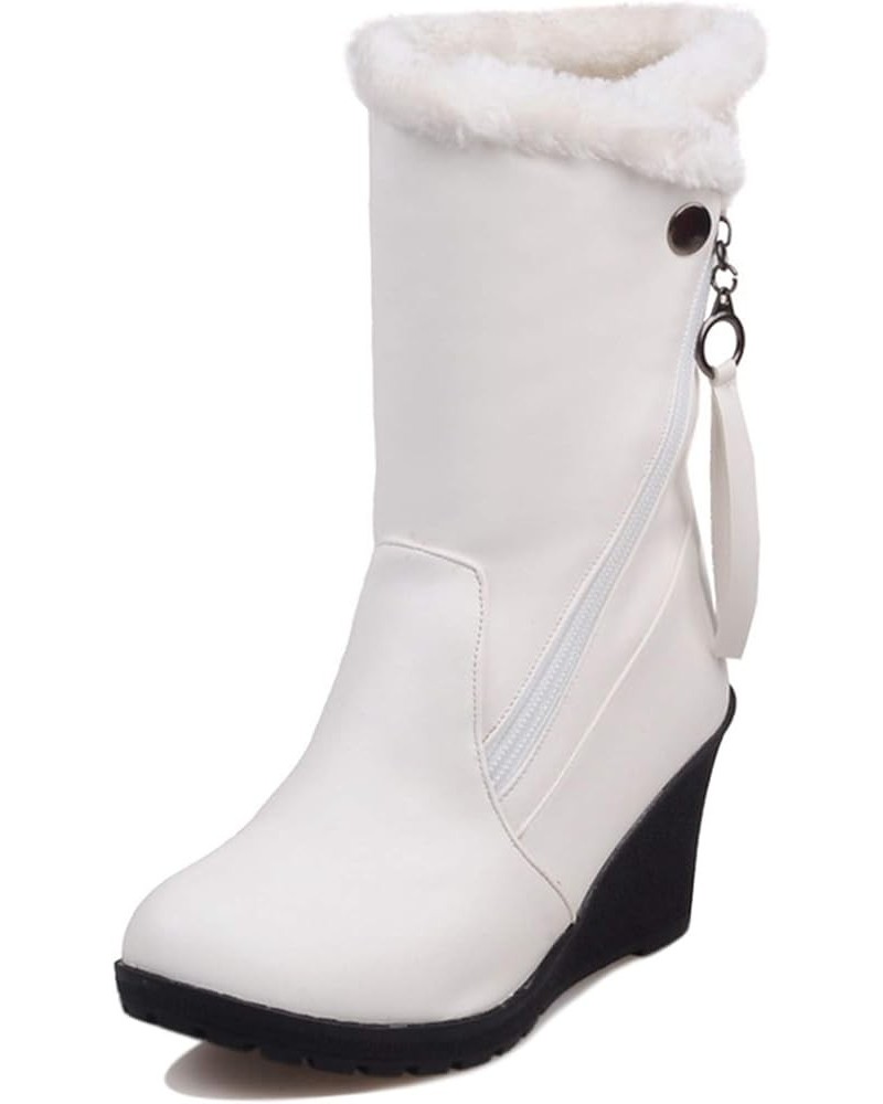 Women Fur Lined Warm Mid Calf Wedge Snow Boots White $24.63 Outdoor Shoes