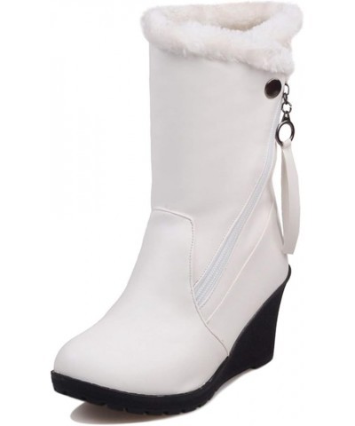 Women Fur Lined Warm Mid Calf Wedge Snow Boots White $24.63 Outdoor Shoes