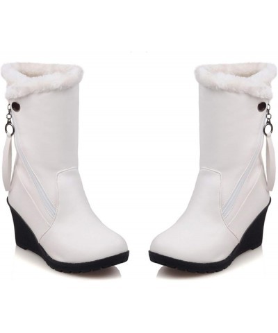 Women Fur Lined Warm Mid Calf Wedge Snow Boots White $24.63 Outdoor Shoes