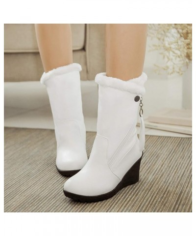 Women Fur Lined Warm Mid Calf Wedge Snow Boots White $24.63 Outdoor Shoes