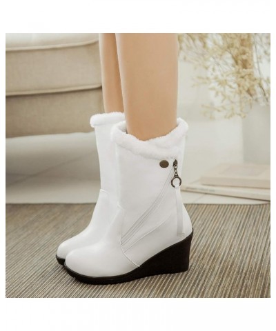 Women Fur Lined Warm Mid Calf Wedge Snow Boots White $24.63 Outdoor Shoes