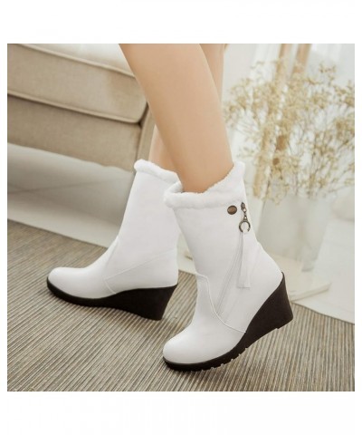 Women Fur Lined Warm Mid Calf Wedge Snow Boots White $24.63 Outdoor Shoes