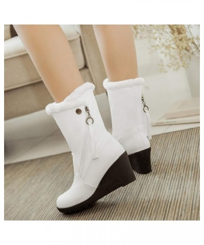 Women Fur Lined Warm Mid Calf Wedge Snow Boots White $24.63 Outdoor Shoes