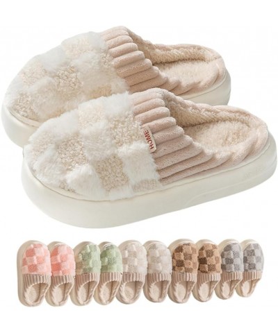 Kawaii Checkered Slippers Unisex Cute Fluffy Home Slippers Fuzzy Slippers Beige $7.58 Slippers