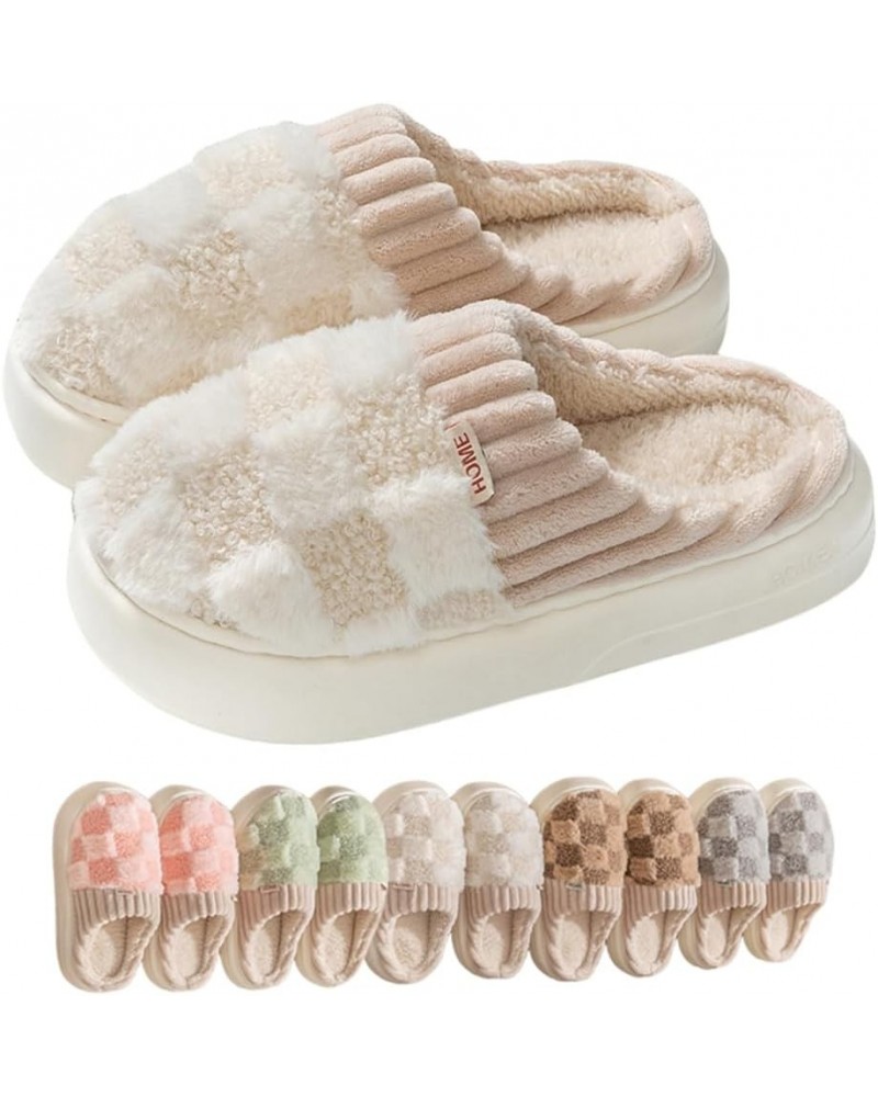 Kawaii Checkered Slippers Unisex Cute Fluffy Home Slippers Fuzzy Slippers Beige $7.58 Slippers