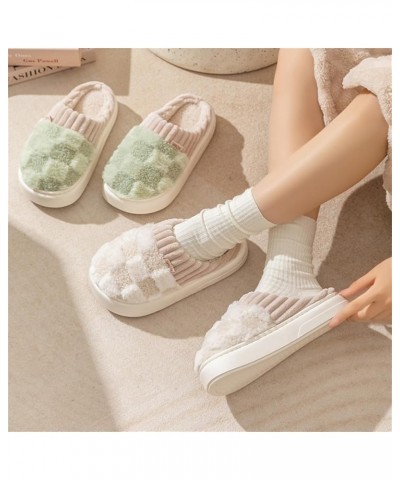 Kawaii Checkered Slippers Unisex Cute Fluffy Home Slippers Fuzzy Slippers Beige $7.58 Slippers