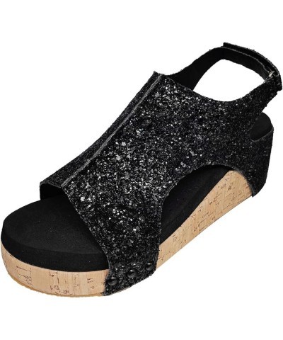 Sandals for Women Casual Summer, Women's Platform Wedge Sandals Casual Trendy Floral Open Toe Buckle Strappy Sandals Z13-blac...