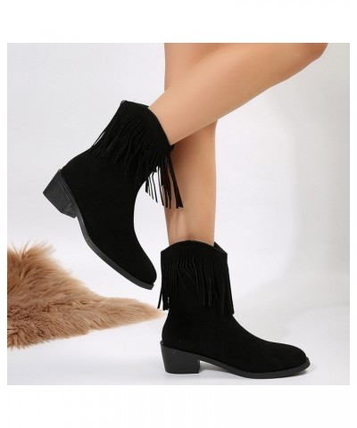 Cowboy Boots for Women Winter Boots Retro Tassel Boots For Women Autumn And Winter New Pointed Thick Heels Solid Western Blac...