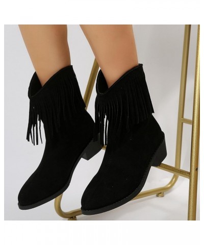 Cowboy Boots for Women Winter Boots Retro Tassel Boots For Women Autumn And Winter New Pointed Thick Heels Solid Western Blac...