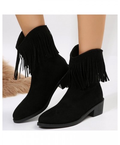 Cowboy Boots for Women Winter Boots Retro Tassel Boots For Women Autumn And Winter New Pointed Thick Heels Solid Western Blac...