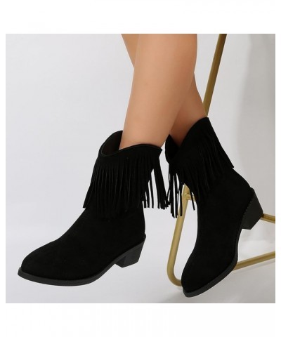 Cowboy Boots for Women Winter Boots Retro Tassel Boots For Women Autumn And Winter New Pointed Thick Heels Solid Western Blac...