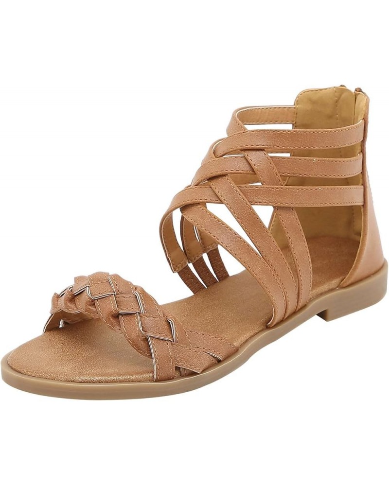 Women's Summer Woven Strappy Gladiator Sandals Zip Back Flat Sandals Brown $26.95 Sandals