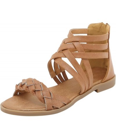 Women's Summer Woven Strappy Gladiator Sandals Zip Back Flat Sandals Brown $26.95 Sandals