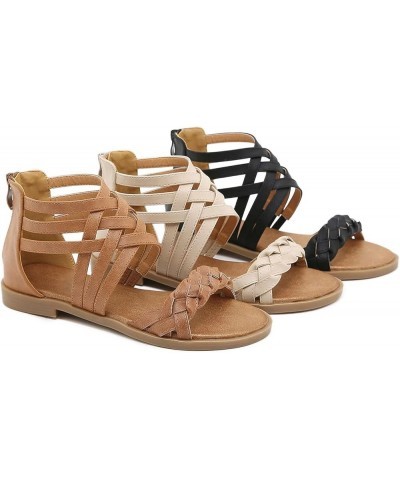 Women's Summer Woven Strappy Gladiator Sandals Zip Back Flat Sandals Brown $26.95 Sandals