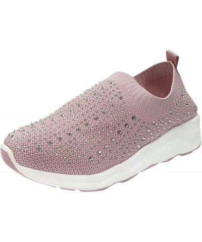 Rhinestone Decor Shoes for Women Sneakers Breathable Fabric Mesh Running Sport Shoes Ladies Casual Slip on Pink $13.88 Athlet...