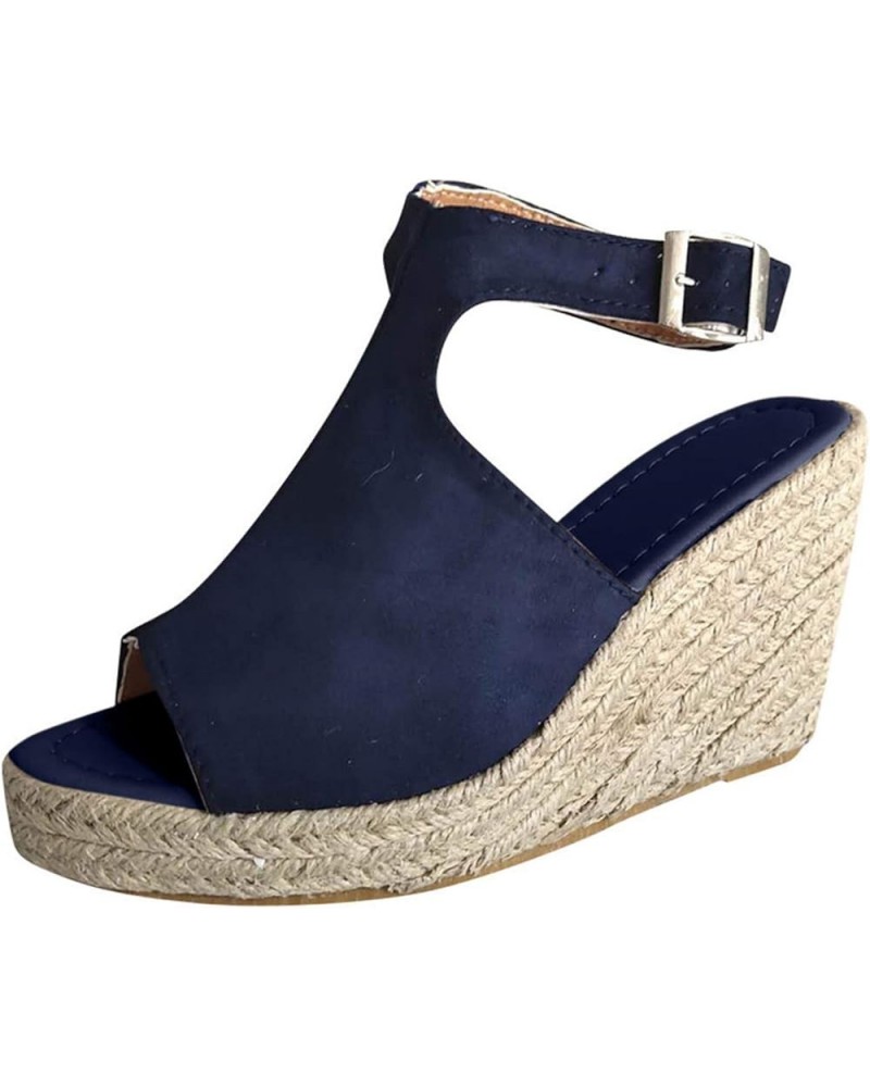 Fashion Buckle Roman Casual Ladies Shoes Women's Wedges Sandals Strap Solid Comfort Heels for Women Sandals Dark Blue $16.38 ...