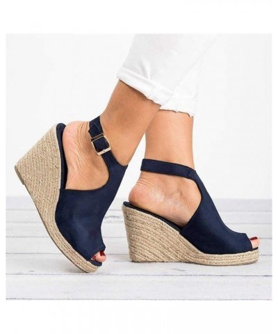 Fashion Buckle Roman Casual Ladies Shoes Women's Wedges Sandals Strap Solid Comfort Heels for Women Sandals Dark Blue $16.38 ...