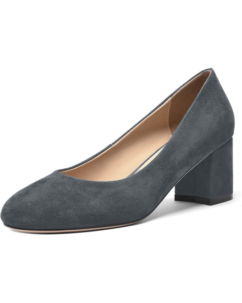 Womens Casual Round Toe Comfortable Slip On Suede Leather Chunky Low Heel Pumps Dressy Shoes 2.2 Inch Grey $41.39 Pumps