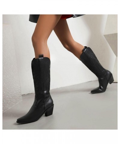 Women's Patent Leather Riding Boots Embroidered Cowgirl Western Boots Mid Calf Snip Toe Low Block Heels Fashion Classic Shoes...