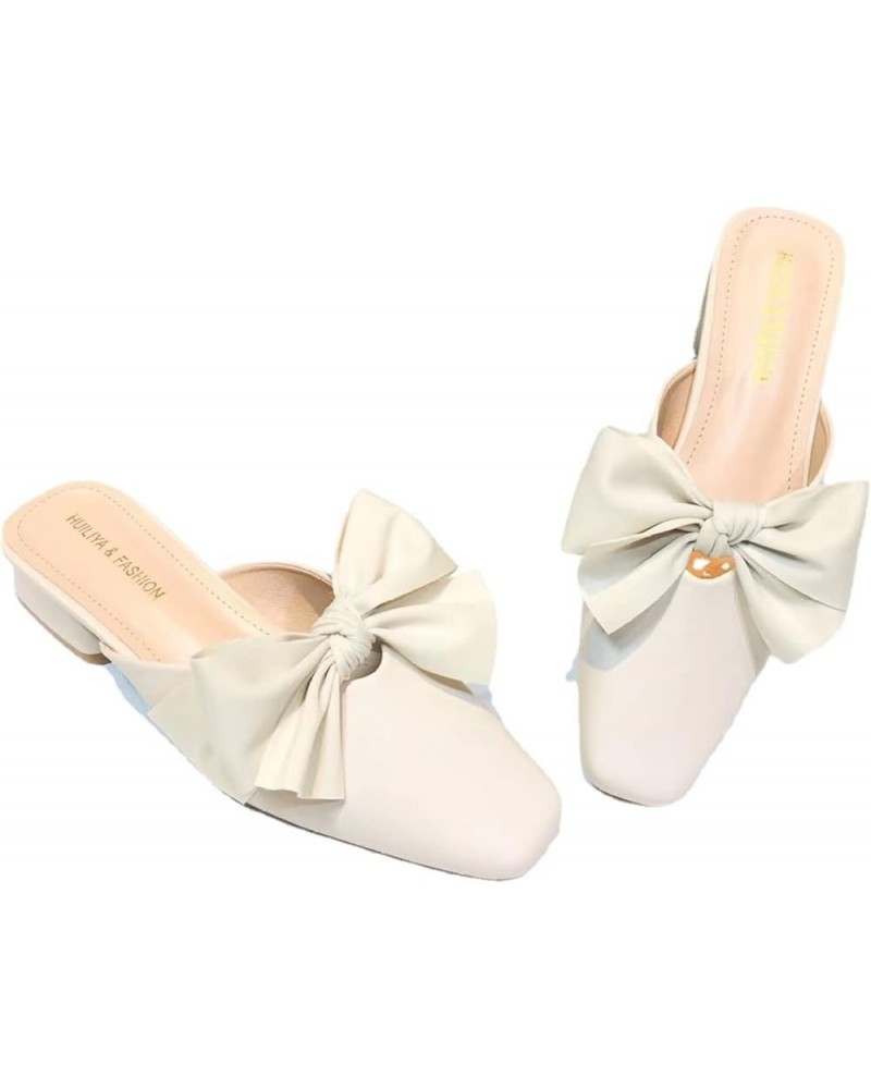 Elegant Bowtie Slide Slingback Mules Pumps for Girl Slip on Comfy Low-Heels PU Leather Mule for Daily Wear Apricot $23.36 Mul...