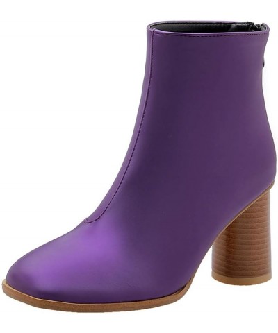 Women Ankle Boots with High Block Heel Purple $10.45 Boots