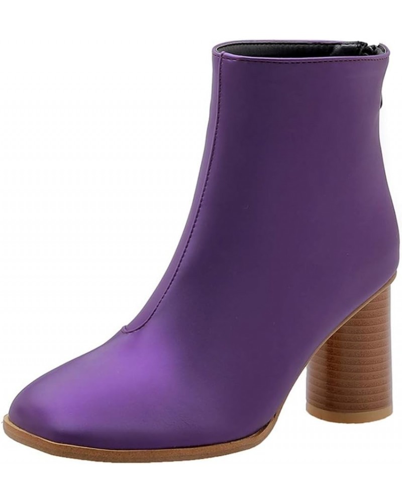 Women Ankle Boots with High Block Heel Purple $10.45 Boots